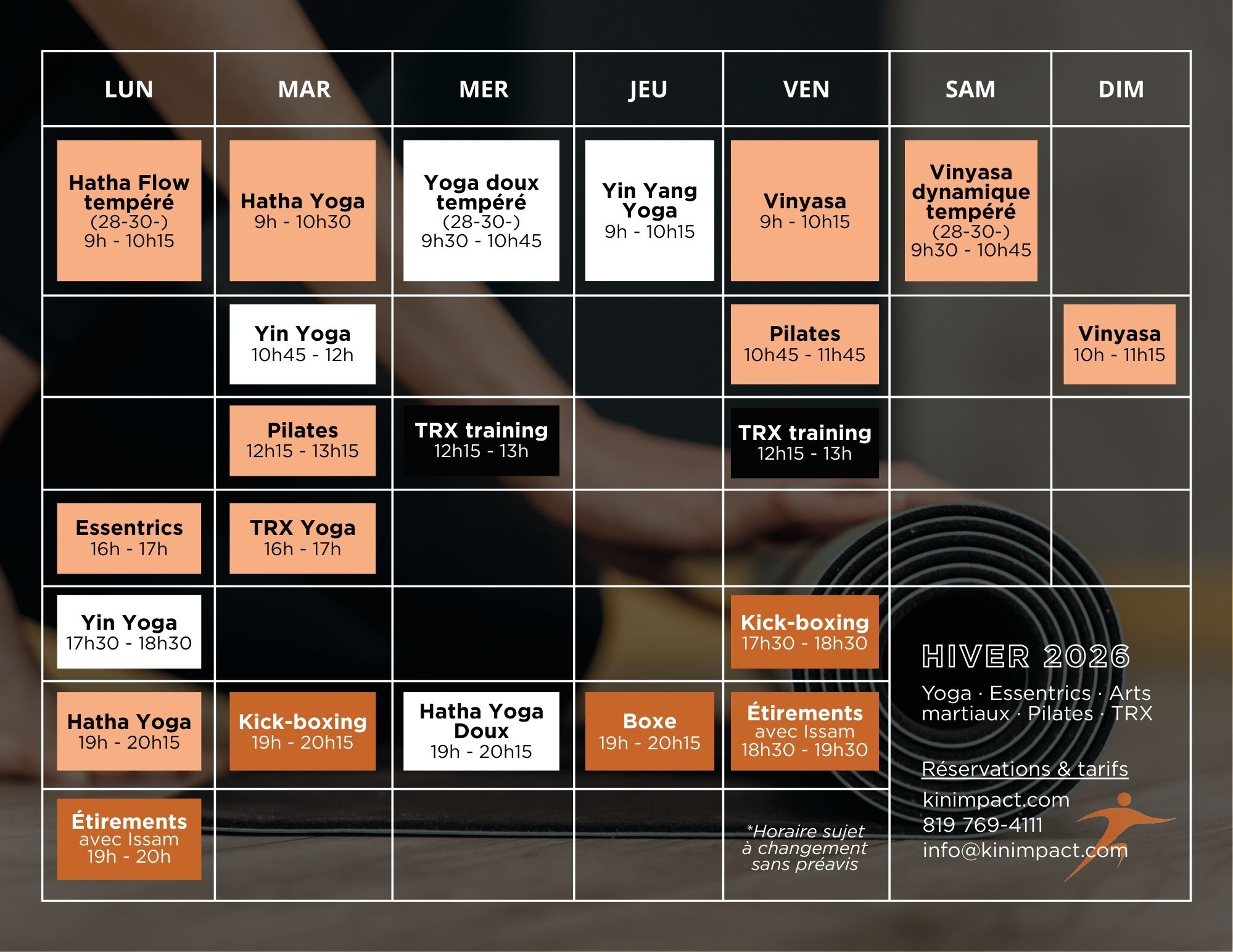 Horaire hiver 2026 - Kin Yoga Magog