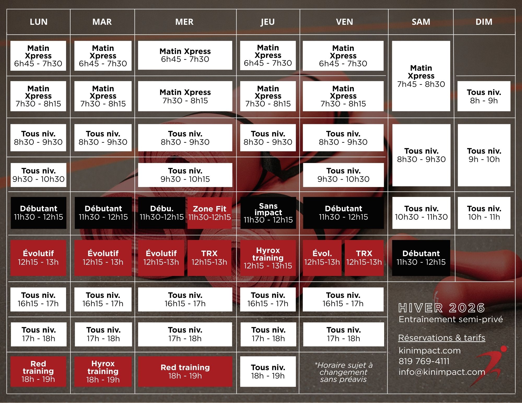 Horaire hiver 2026 - Kin Impact