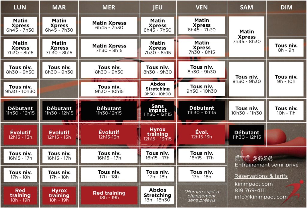 horaire kin impact été 2026