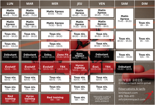 Kin impact - Horaire hiver 2026 - Entraînement semi-privé